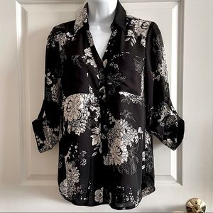 Peonies Black & White Floral Print Blouse Button Up Front & Tab Sleeves NWOT